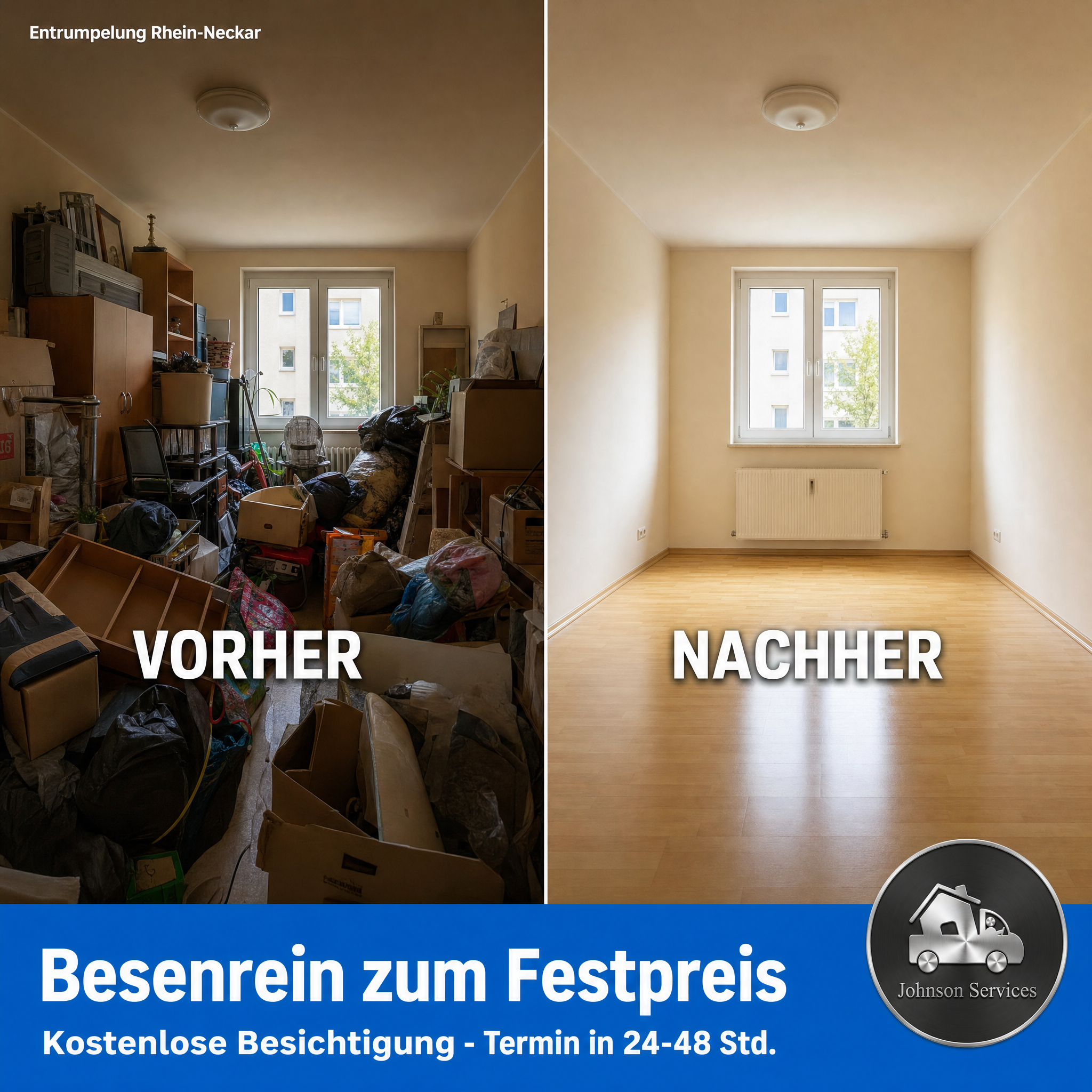 Vorher und Nachher einer Entrümpelung in der Region Rhein-Neckar: vollgestelltes Zimmer und besenrein geräumt